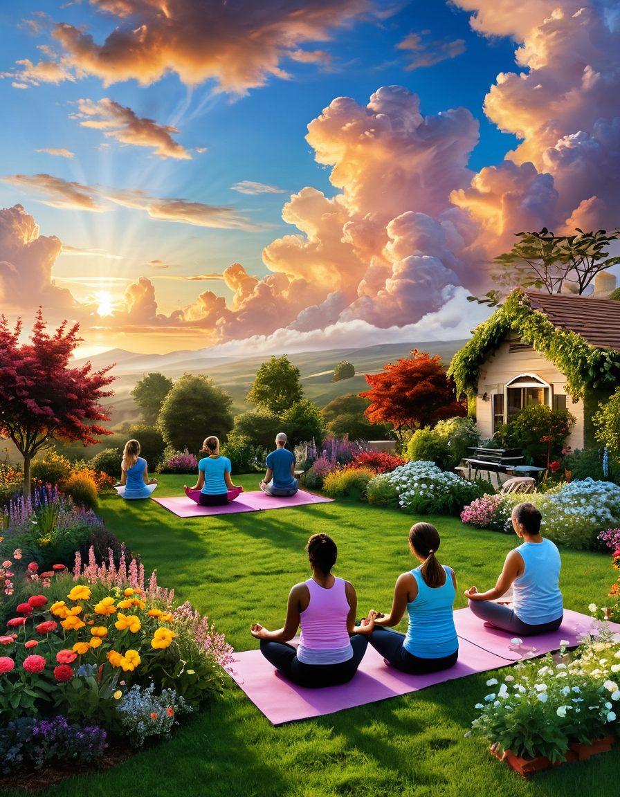 A serene landscape featuring a diverse group of people engaging joyfully in various activities such as yoga, gardening, and sharing meals in a bright, sunlit setting. Include vibrant flowers surrounding them, symbolizing growth and happiness. Add soft, colorful clouds above for a dreamy atmosphere, and a glowing sunrise in the background to depict new beginnings. super-realistic. vibrant colors. warm and inviting.