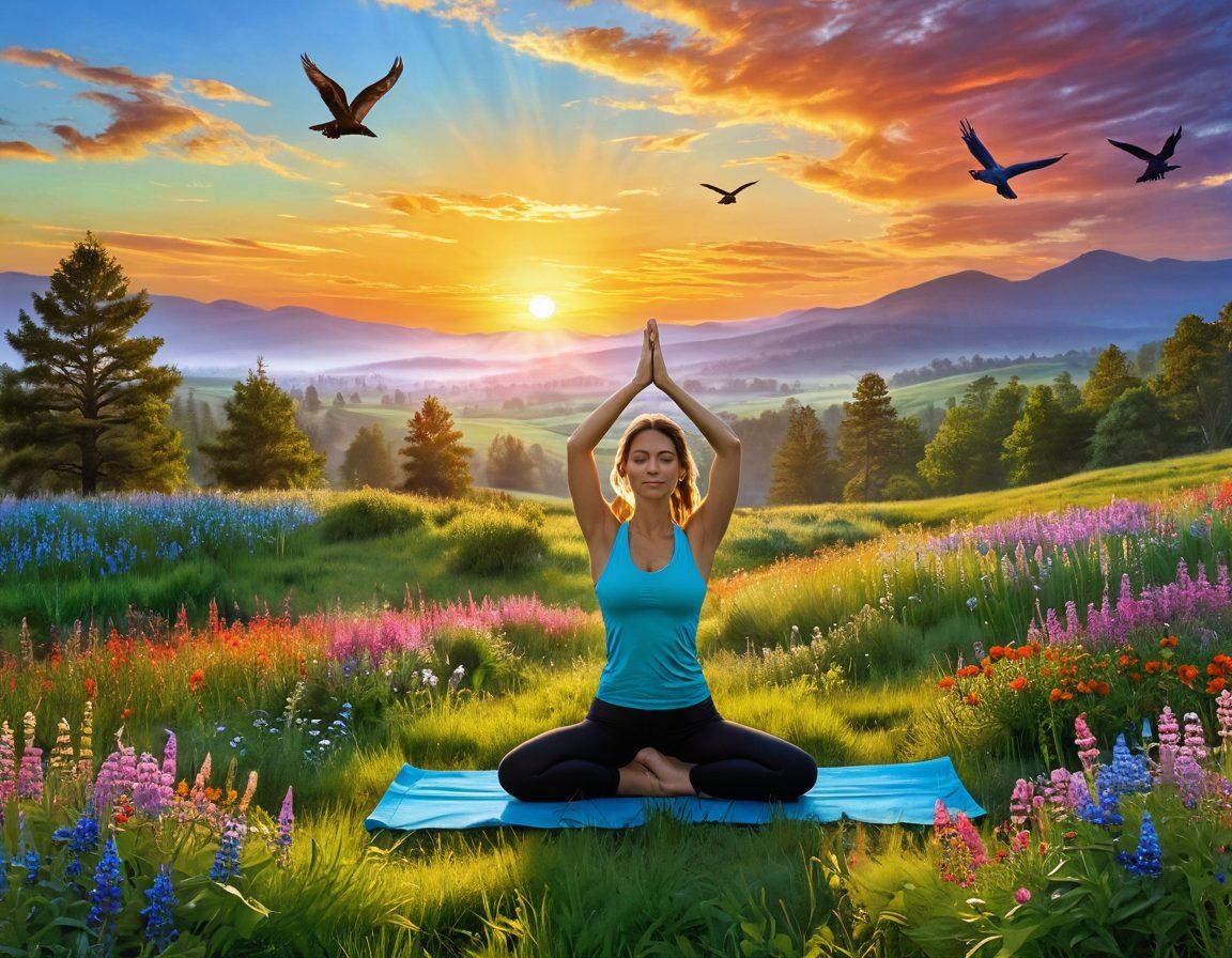 A serene landscape depicting a vibrant sunrise over a lush green meadow, with a person joyfully practicing yoga, surrounded by colorful wildflowers. Above, birds are soaring, symbolizing freedom and happiness. Include soft, glowing light to evoke a sense of peace and exuberance. painterly style. vibrant colors.