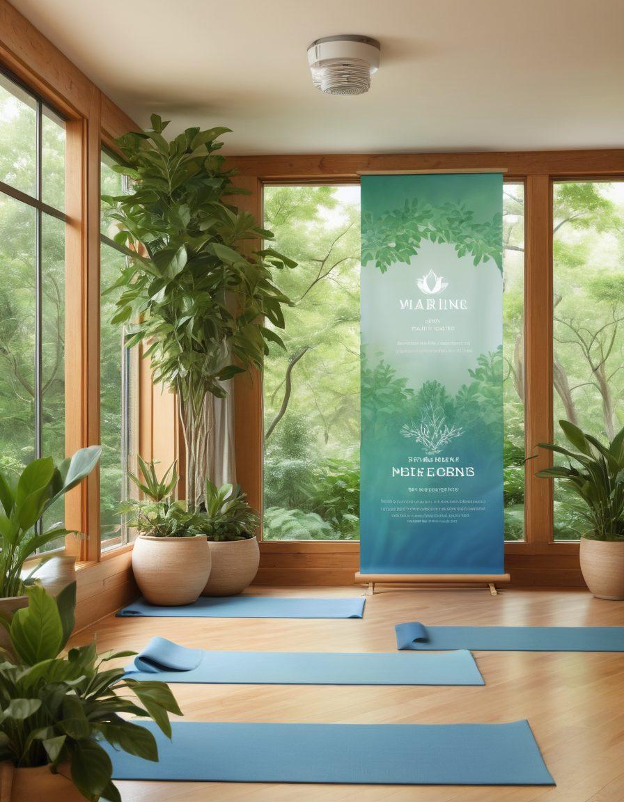 A serene scene depicting a harmonious community center with diverse individuals engaged in various wellness activities such as yoga, meditation, and counseling sessions. Incorporate calming colors like soft blues and greens to evoke tranquility, surrounded by lush greenery that symbolizes growth and support. Highlight a banner with 'DDHW Resources' in an inviting font. natural, peaceful setting. vibrant colors. super-realistic.
